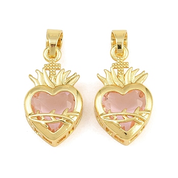 Brass Glass Pendants, Sacred Heart Long-Lasting Plated, Cadmium Free & Lead Free, Faceted, Golden, 21x12x6mm, Hole: 6x4mm