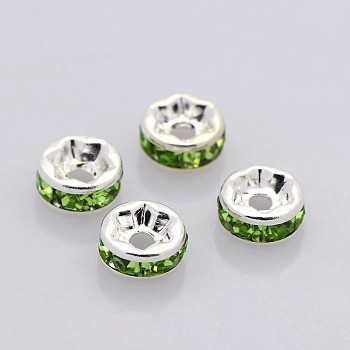 Brass Rhinestone Spacer Beads, Grade A, Straight Flange, Silver Color Plated, Rondelle, Peridot, 6x3mm, Hole: 1mm