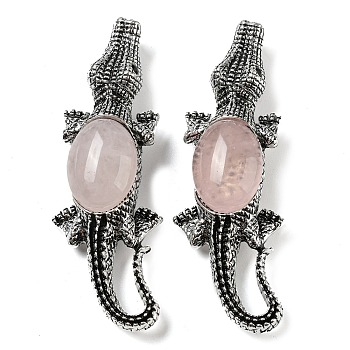 Dual-use Items Alloy Crocodile Brooch, with Natural Rose Quartz, Antique Silver, 67.5x24x10mm, hole: 4x3.5mm