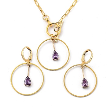 Transparent Glass Jewelry Sets, Brass Paperclip Chains Pendant Necklaces & Hoop Earrings, with Brass Linking Rings and Huggie Hoop Earring Findings, Golden, Violet, 20.67 inch(52.5cm),  37mm, Pin: 0.8mm