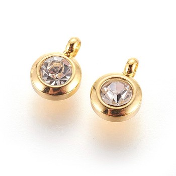 304 Stainless Steel Rhinestone Charms, Flat Round, Crystal, 9.3x6.5x4mm, Hole: 2mm