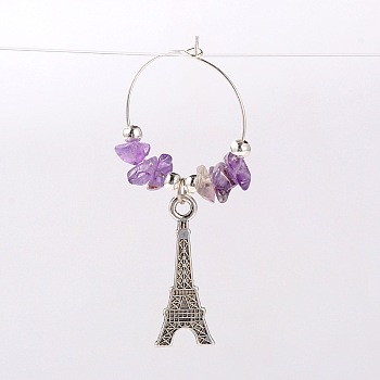 Natural Gemstone Wine Glass Charms, with Tibetan Style Alloy Eiffel Tower Pendant, Iron Beads and Brass Hoop Earrings, Platinum, Amethyst, 58mm, pin: 0.7mm