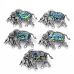 Cow Alloy Brooch, Natural Paua Shell Lapel Pin with Loop for Backpack Clothes Pendant Jewelry, Cadmium Free & Lead Free, Antique Silver, Colorful, 33x54x9.5mm, Hole: 7x4.5mm, Pin: 0.7mm(PALLOY-N166-002-A02-RS)