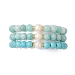 3Pcs Round Natural Amazonite & Synthetic Turquoise & Pearl Beaded Stackable Stretch Bracelets Sets, Inner Diameter: 2-1/8 inch(5.5cm)(BJEW-JB12991)