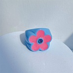 Resin Finger Rings for Women, Flower, with Rhinestone, Deep Sky Blue, Inner Diameter: 17mm(FS-WG0F165-06)