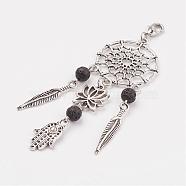 Alloy Pendant Decorations, with Natural Lava Rock and Brass Lobster Claw Clasps, Lotus & Hamsa Hand/Hand of Fatima/Hand of Miriam & Feather, Black, 96.5mm, Pendant: 83x29x7mm(HJEW-JM00291-01)
