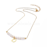 Natural Freshwater Pearl Pendant Necklaces, with Brass Cable Chains, 304 Stainless Steel Letter Charms and Lobster Claw Clasps , Letter.D, 18.3 inch(46.5cm), Letter D: 11x9x0.5mm(NJEW-JN02862-02)