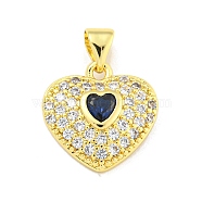 Heart Rack Plating Brass Micro Pave Cubic Zirconia Charms, with Glass, Cadmium Free & Lead Free, Real 18K Gold Plated, Dark Blue, 15x15x3.5mm, Hole: 4x3.2mm(KK-Z053-17G-05)