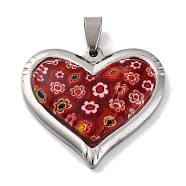 Handmade Millefiore Glass Pendants, Heart, with 304 Stainless Steel Findings, Red, 31x35x7.5mm, Hole: 7.5x4mm(STAS-Q342-03P-02)