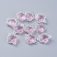 Glass Links connectors, with Eco-Friendly Alloy Open Back Berzel Findings, Flower, Silver Color Plated, Pink, 15.5x12x5mm, Hole: 1.4mm(GLAA-A037-A-09S)