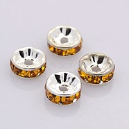 Brass Rhinestone Spacer Beads, Grade A, Straight Flange, Silver Color Plated, Rondelle, Topaz, 7x3.2mm, Hole: 1.2mm(RB-A014-Z7mm-17S)