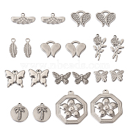 20Pcs 10 Style 304 Stainless Steel Pendants, Butterfly & Leaf & Flower & Flat Round & Polygon, Stainless Steel Color, 9.5~29x6~25x1.5~3.5mm, Hole: 0.1~3.5x0.1~4mm, 2pcs/style(STAS-FW0001-28)
