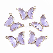 Glass Pendants, with  Micro Pave Cubic Zirconia and Brass Open Back Settings, Faceted, Butterfly, Golden, Lilac, 16.5x23.5x5.5mm, Hole: 1.2mm(GLAA-T020-01B)