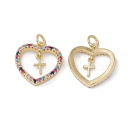 Brass Colorful Cubic Zirconia Pendants, with Jump Ring, Heart with Cross Charms, Real 18K Gold Plated, 17x16x2.5mm, Hole: 3mm(KK-E068-VA055-2)