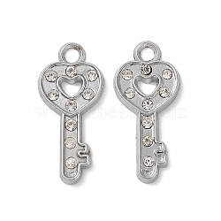 Alloy Pendants, with Glass Rhinestone, Key, Platinum, 26x12x2mm, Hole: 2.5mm(FIND-C048-10P)