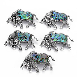 Cow Alloy Brooch, Natural Paua Shell Lapel Pin with Loop for Backpack Clothes Pendant Jewelry, Cadmium Free & Lead Free, Antique Silver, Colorful, 33x54x9.5mm, Hole: 7x4.5mm, Pin: 0.7mm(PALLOY-N166-002-A02-RS)