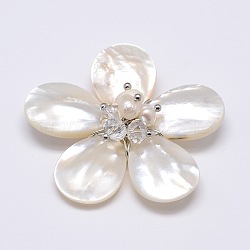 Natural White Shell Mother of Pearl Shell Flower Big Pendants, Platinum Plated Brass Findings with Shell Pearl and Faceted Rondelle Glass Beads, Clear, 43~46x14mm, Hole: 4x7mm(SSHEL-J032MS-11)