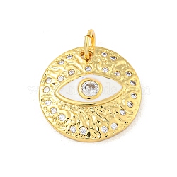 Rack Plating Brass Micro Pave Cubic Zirconia Pendants, Long-Lasting Plated, Cadmium Free & Lead Free, with Enamel, Flat Round & Eye, with Jump Rings, Real 18K Gold Plated, White, 18x3.5mm, Hole: 4mm(KK-P277-26G-02)