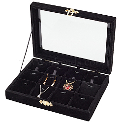 12-Slot Rectangle Wood Covered with Velvet pendant Necklace Jewelry Storage Presentation Box, with Visible Glass Window and Golden Tone Clasps, Black, 15.2x20.2x4.3cm(CON-WH0095-18)