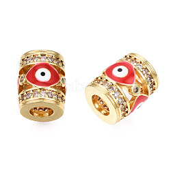 Brass Micro Pave Cubic Zirconia Beads, with Enamel, Real 18K Gold Plated, Column with Evil Eye, Nickel Free, Dark Red, 11.5x9.5mm, Hole: 4.5mm(KK-N227-90D)