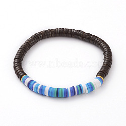 Polymer Clay Heishi Beads Stretch Bracelets, with Natural Coconut Beads and Golden Plated Brass Beads, Disc/Flat Round, Deep Sky Blue, Inner Diameter: 2-1/4 inch(5.6cm)(BJEW-JB05811-04)