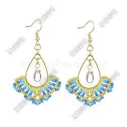 Handmade Glass Seed Beads Dangle Earrings, with 304 Stainless Steel & Glass, Teardrop, Golden, Dodger Blue, 61x34.5mm(EJEW-FS00077)