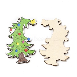 Single Face Christmas Printed Wood Big Pendants, Christmas Tree Charms, Lime Green, 55x40x2.5mm, Hole: 2mm(WOOD-D025-31)