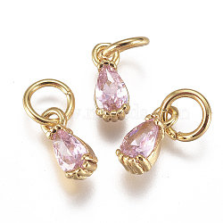 Brass Micro Pave Cubic Zirconia Charms, with Jump Ring, Long-Lasting Plated, Real 18K Gold Plated, Faceted, Teardrop, Pink, 8x3x3mm, Hole: 3mm(ZIRC-F111-04G-04)