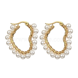 Shell Pearl Beaded Heart Hoop Earrings, 201 Stainless Steel Earrings with 304 Stainless Steel Pins, Golden, 31.5x29.5x4.5mm(EJEW-TA00248)