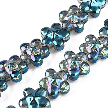 Electroplate Glass Beads Strands, Flower, Light Sea Green, 12x12.5x7mm, Hole: 1mm, about 54~55pcs/strand, 24.57~24.96 inch(62.4~63.4cm)