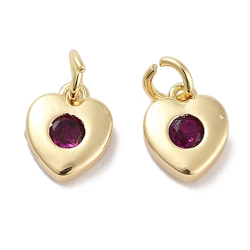 Brass Micro Pave Cubic Zirconia Charms, with Jump Ring, Heart, Real 18K Gold Plated, Medium Violet Red, 8x6.5x2.5mm, Hole: 2.5mm