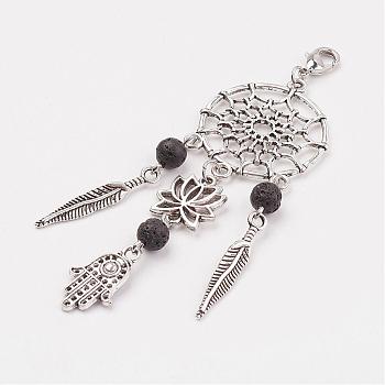 Alloy Pendant Decorations, with Natural Lava Rock and Brass Lobster Claw Clasps, Lotus & Hamsa Hand/Hand of Fatima/Hand of Miriam & Feather, Black, 96.5mm, Pendant: 83x29x7mm