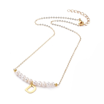 Natural Freshwater Pearl Pendant Necklaces, with Brass Cable Chains, 304 Stainless Steel Letter Charms and Lobster Claw Clasps , Letter.D, 18.3 inch(46.5cm), Letter D: 11x9x0.5mm