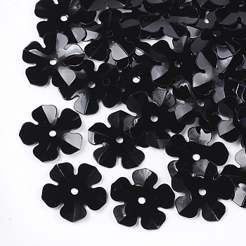 Ornament Accessories, PVC Plastic Paillette/Sequins Beads, Flower, Black, 13.5~14x13.5~14x0.6mm, Hole: 1.4mm, about 10000pcs/500g