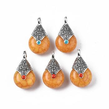 Tibetan Style Resin Pendants, with Alloy & Enamel, Drop, Antique Silver, Dark Orange, 28x16x14mm, Hole: 2~3.5mm