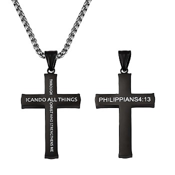 Titanium Steel Cross with Philippians 4:13 Pendant Necklace, Religion Jewelry for Men Women, Gunmetal, 23.62 inch(60cm)