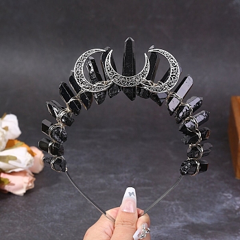 Hollow Moon Metal Crown Hair Bands, Raw Natural Quartz Crystal Wrapped Hair Hoop for Women Girl, Antique Silver, Black, 180x150x20mm