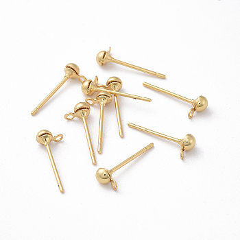 Brass Stud Earring Findings, with Loop, Long-Lasting Plated, Real 18K Gold Plated, Cadmium Free & Nickel Free & Lead Free, Golden, 5.5x3x2.5mm, Hole: 1mm, Pin: 0.7~0.8mm