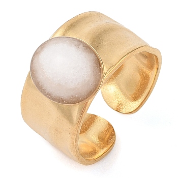 Oval Natural White Jade Finger Rings, Ion Plating(IP) 304 Stainless Steel Wide Band Cuff Rings for Women, Soldered, Real 14K Gold Plated, Oval: 11x9.5mm, Adjustable