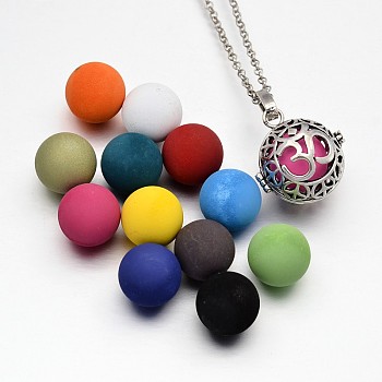 Hollow Brass Cage Pendants, Chime Ball Pendants, with Brass Spray Painted Pink Bell Beads, Round with Aum/Om Symbol, Cadmium Free & Nickel Free & Lead Free, Antique Silver, 28x26x22mm, Hole: 4x9mm
