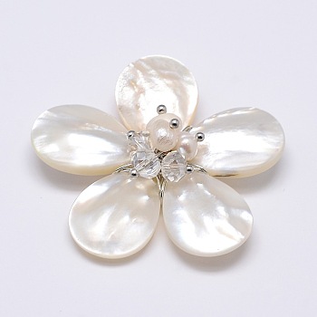Natural White Shell Mother of Pearl Shell Flower Big Pendants, Platinum Plated Brass Findings with Shell Pearl and Faceted Rondelle Glass Beads, Clear, 43~46x14mm, Hole: 4x7mm