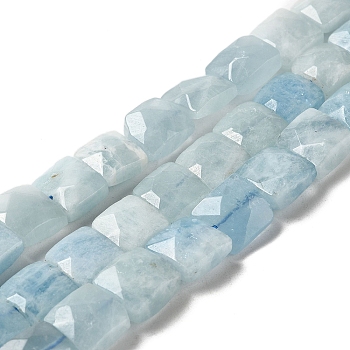 Natural Aquamarine Beads Strands, Faceted, Square, 9~10.5x9~10.5x5~5.5mm, Hole: 1mm, about 39~42pcs/strand, 14.96~15.35 inch (38~39cm)