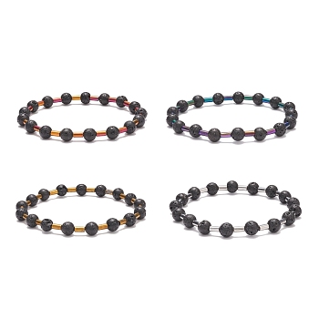Natural Lava Rock Round & Glass Column Beaded Stretch Bracelet, Essential Oil Gemstone Jewelry for Men Women, Mixed Color, Inner Diameter: 2-1/4 inch(5.8cm)