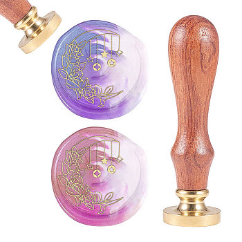 Brass Wax Seal Stamp, with Natural Rosewood Handle, for DIY Scrapbooking, Moon Pattern, Stamp: 25mm, Handle: 79.5x21.5mm