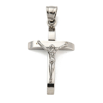 304 Stainless Steel Pendants, Cross with Jesus, Stainless Steel Color, 33x18.5x7mm, Hole: 6x5.5mm
