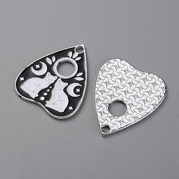 Alloy Enamel Pendants, Platinum, Heart Charm, Cat Pattern, 26x22x1mm, Hole: 2mm