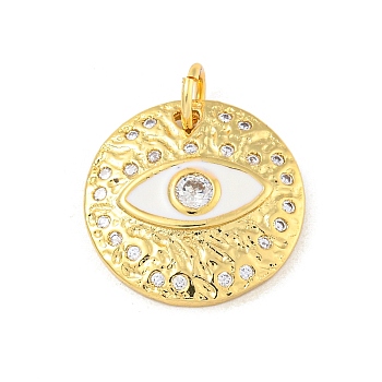 Rack Plating Brass Micro Pave Cubic Zirconia Pendants, Long-Lasting Plated, Cadmium Free & Lead Free, with Enamel, Flat Round & Eye, with Jump Rings, Real 18K Gold Plated, White, 18x3.5mm, Hole: 4mm