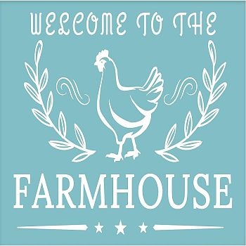 Self-Adhesive Silk Screen Printing Stencil, for Painting on Wood, DIY Decoration T-Shirt Fabric, Sky Blue, Chicken with WELCOME TO THE FARMHOUSE, Animal Pattern, 22x28cm