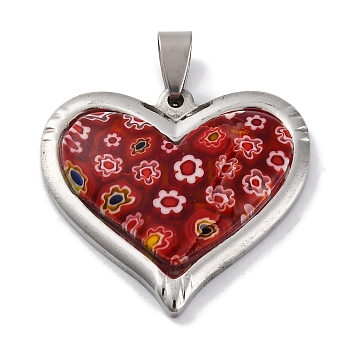 Handmade Millefiore Glass Pendants, Heart, with 304 Stainless Steel Findings, Red, 31x35x7.5mm, Hole: 7.5x4mm