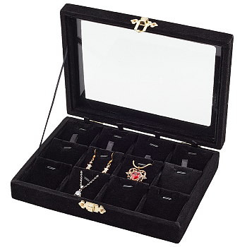 12-Slot Rectangle Wood Covered with Velvet pendant Necklace Jewelry Storage Presentation Box, with Visible Glass Window and Golden Tone Clasps, Black, 15.2x20.2x4.3cm